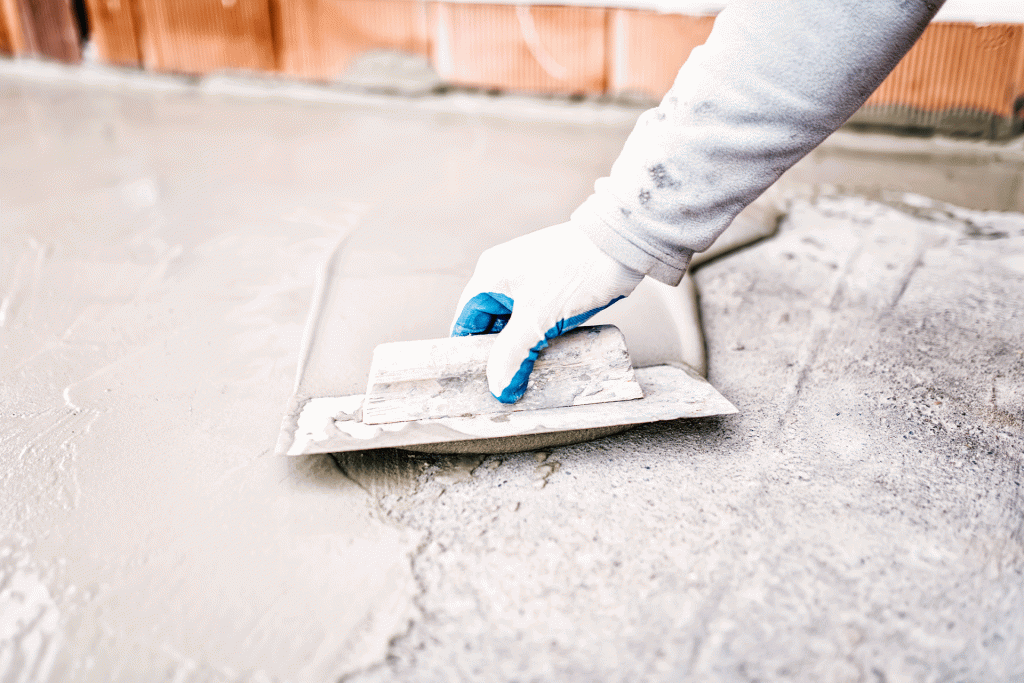 A closeup of a hand applying tanking slurry to a basement floor.