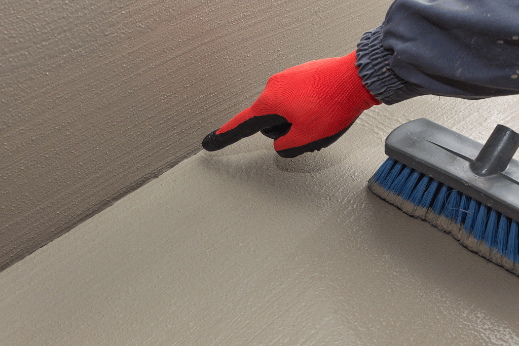 A closeup of a hand pointing to the join between the wall and floor tanking.